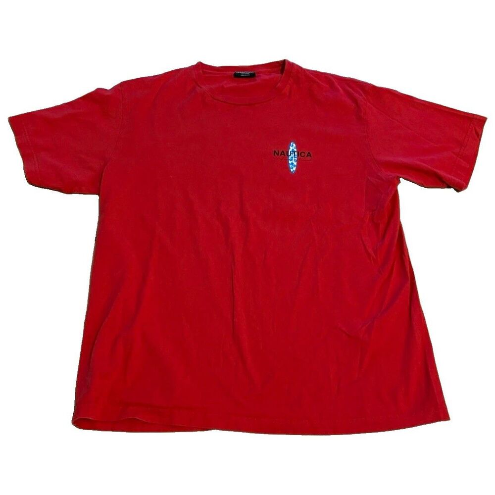 Vtg 90s Nautica Surfboards Graphic T Shirt Double Sided Red Cotton Men's Large L